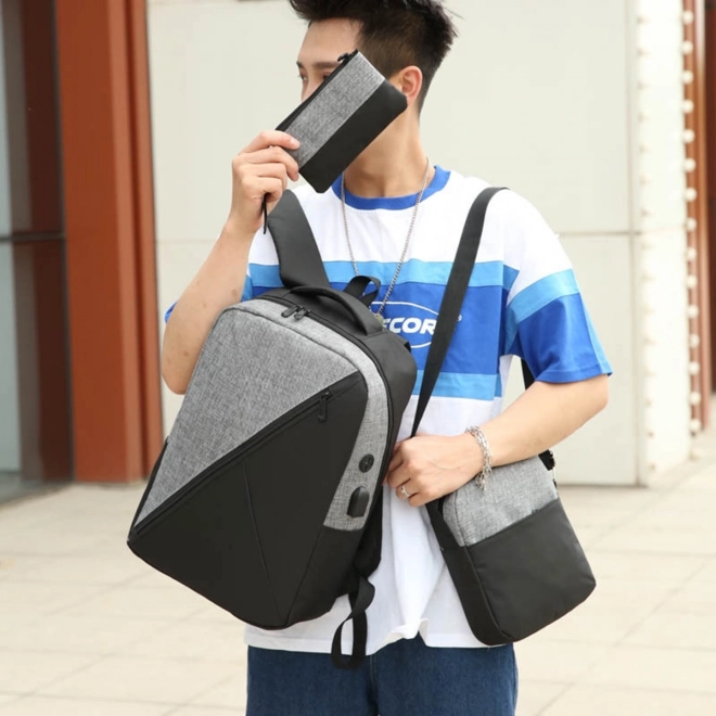Ensemble 3 en 1 sac à dos gris, sac banane et pochette