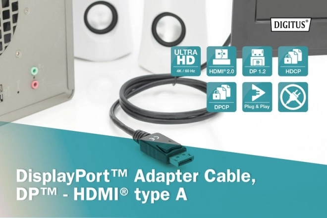 Câble adaptateur DisplayPort 1.2 avec connecteur encliquetable 4K 60Hz UHD Type DP/HDMI A M/M noir – 2 m