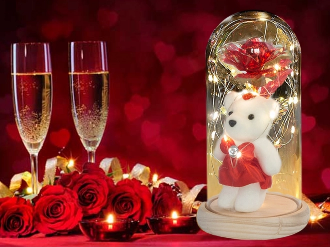 Rose éternelle avec ourson dans une boîte en verre