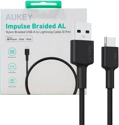 Câble AUKEY USB‑C vers USB‑A 0,9 m, 60 W PD, tressé en nylon, noir