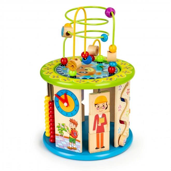 Cube en bois éducatif avec jeux, blocs, pêche