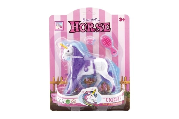 Licorne/cheval peluche 15cm brossable avec selle et accessoires 2 couleurs sur carte