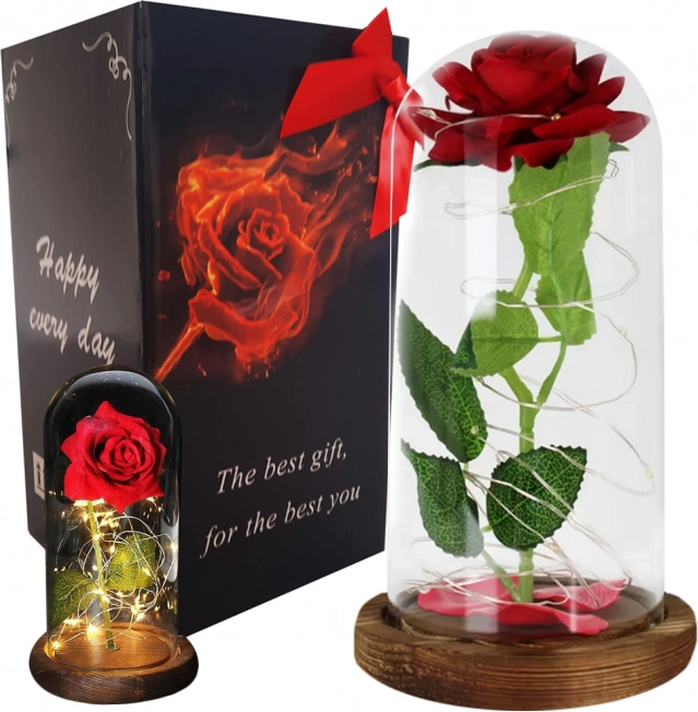 Rose éternelle sous cloche en verre avec éclairage LED – rouge