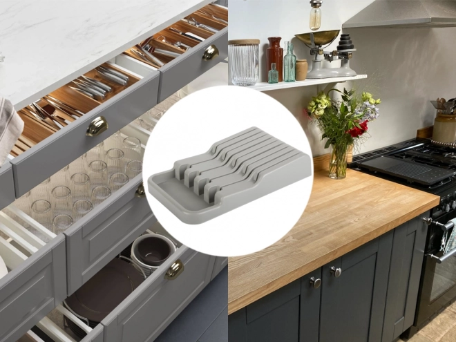 Organisateur de couteaux gris pour tiroir avec 9 compartiments