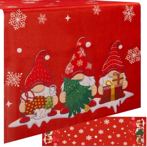Chemin de table de Noël rouge 150 × 40 cm avec flocons et lutins