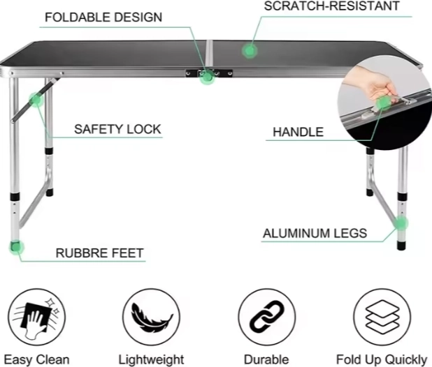 Table de camping pliable avec hauteur réglable 120x60 cm noir
