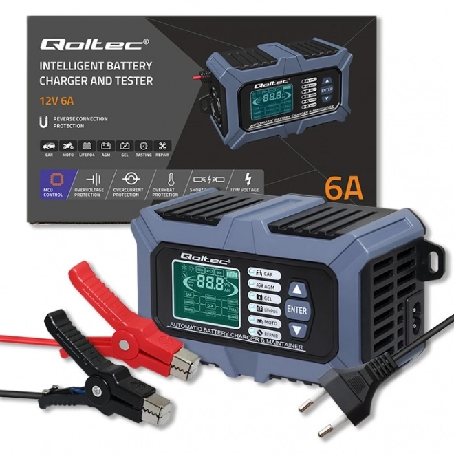 Chargeur intelligent à microprocesseur avec testeur de batterie et fonction de réparation 12V | 6A | LCD | Chargeur de batterie AGM LiFePO4 GEL