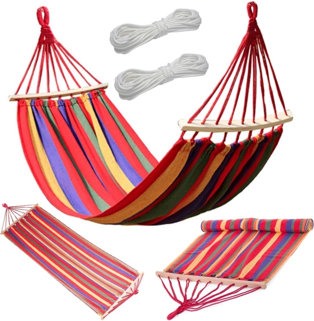 Hamac de jardin avec barres de maintien et rayures colorées 200 × 80 cm