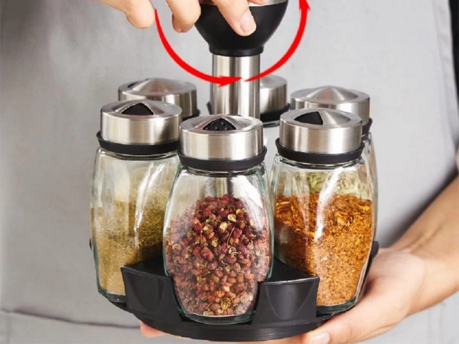 Organisateur rotatif pour épices avec 6 récipients en verre