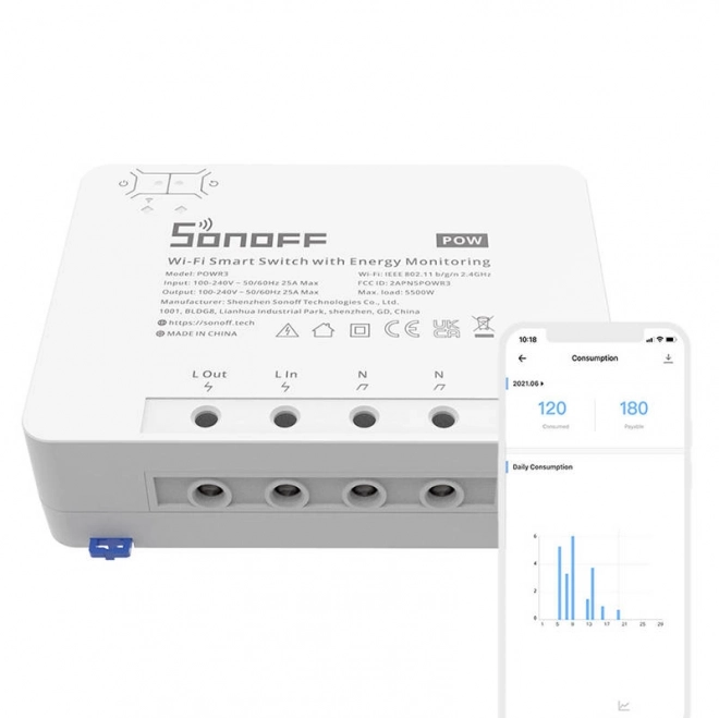 Interrupteur intelligent Wi-Fi avec suivi de la consommation d'énergie Sonoff POWR3 (25A/5500W)