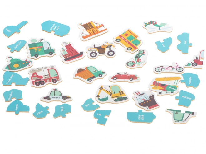 Puzzle avec motifs de moyens de transport dans une boîte en métal