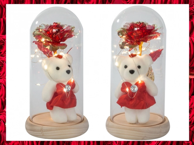 Rose éternelle avec ourson dans une boîte en verre