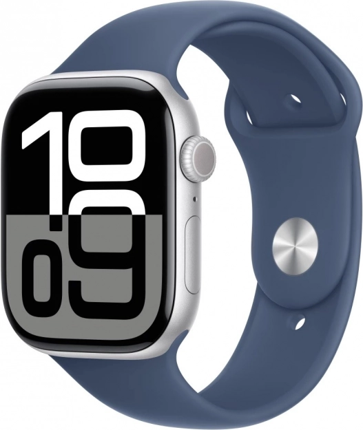 Apple Watch Series 10 GPS, boîtier aluminium 46 mm argent avec bracelet sport denim S/M