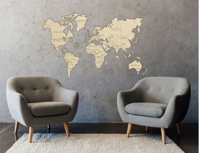 Carte du monde 3D murale en bois XXL couleur naturelle