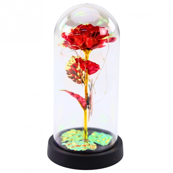 Rose éternelle sous dôme en verre avec éclairage LED et papillon rouge