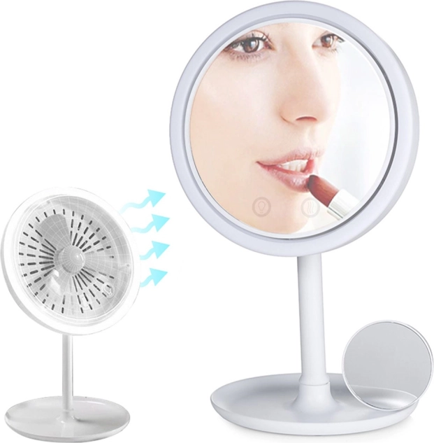 Miroir cosmétique LED de table avec ventilateur et grossissement 5×, USB