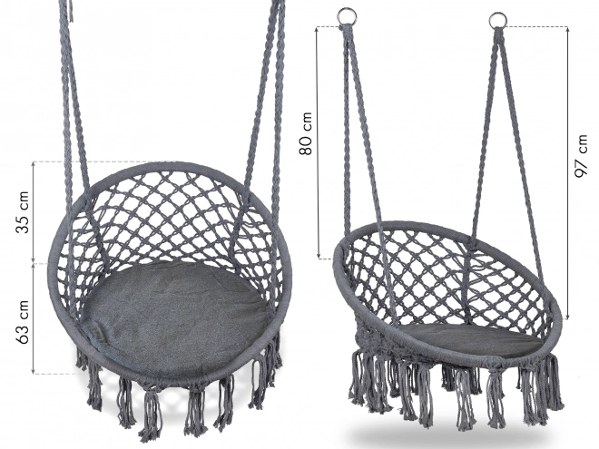 Chaise suspendue Boho avec coussin, balançoire de jardin, grise