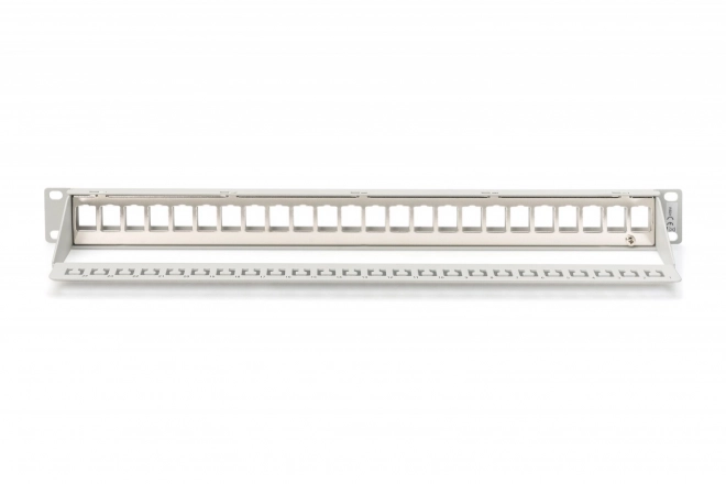 Panneau croisé modulaire 19" 24 ports pour modules keystone, 1U, blindé, avec gestion des câbles et champs de description, gris