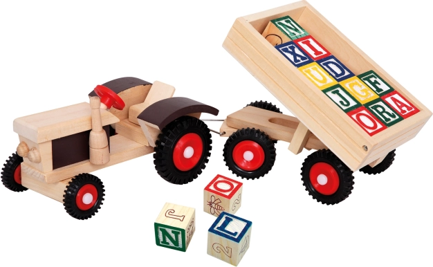 Tracteur en bois avec remorque et cubes ABC colorés