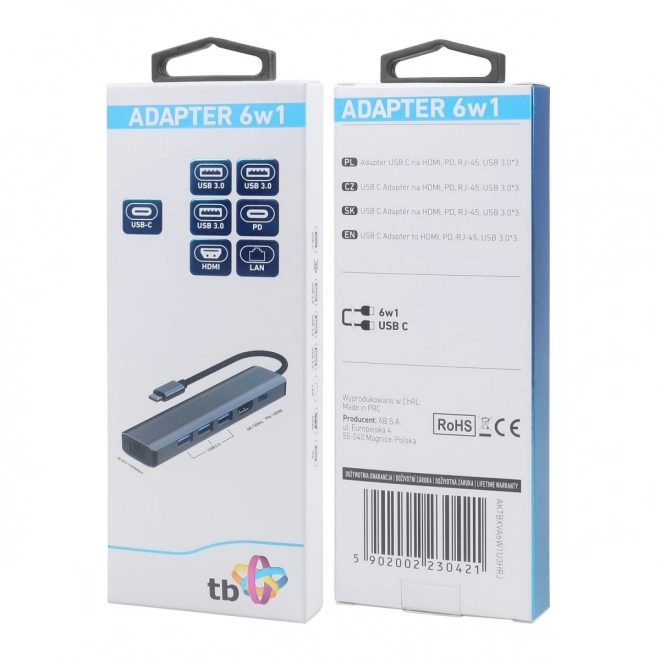 HUB adaptateur USB-C 6v1 - HDMI, 3x USB, PD, RJ-45