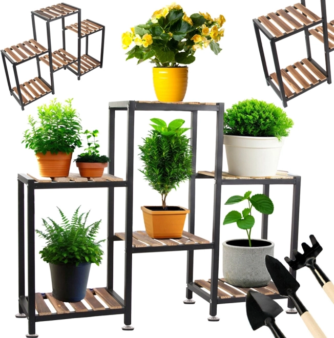 Étagère porte-plantes à plusieurs niveaux en métal et bois, brun, 6 étagères