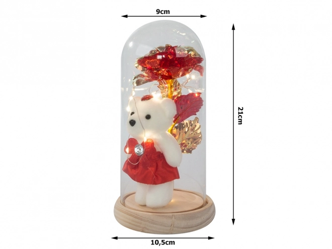 Rose éternelle avec ourson dans une boîte en verre