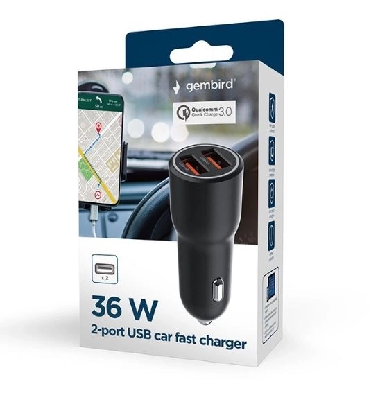 Chargeur de voiture 2xUSB-A QC3.0 36W noir