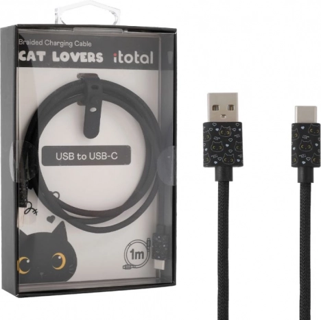 Câble de charge USB‑C avec chat noir et sangle en silicone pour ajuster la longueur