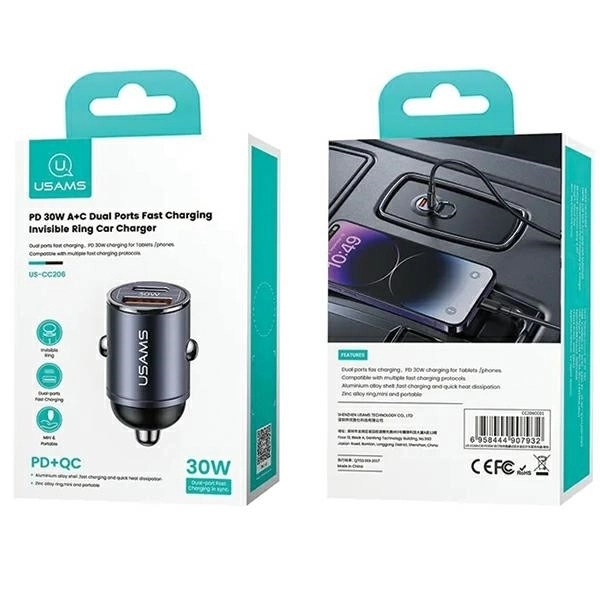 Chargeur de voiture 30W 1xUSB+1xUSB-C Charge Rapide