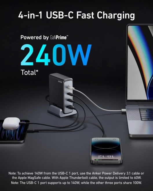 Chargeur mural Anker GaNPrime 240W USB-C x3 USB-A x1