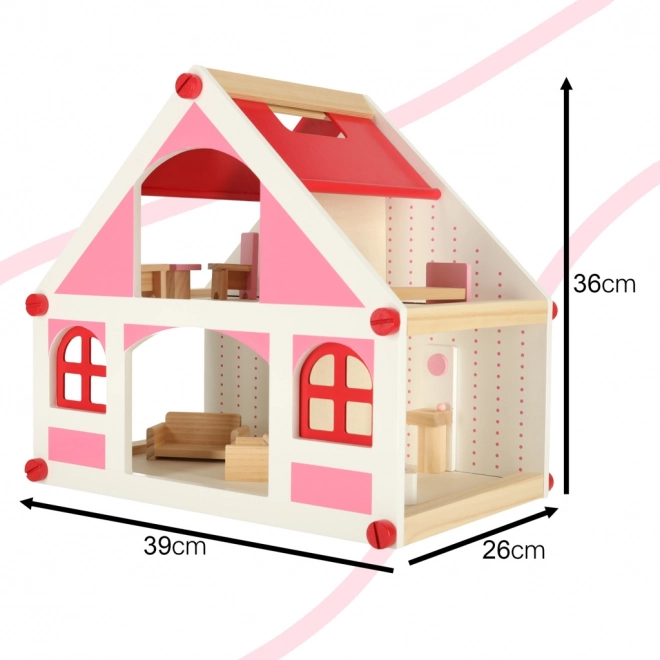 Maison de poupée en bois rose Montessori avec meubles et accessoires