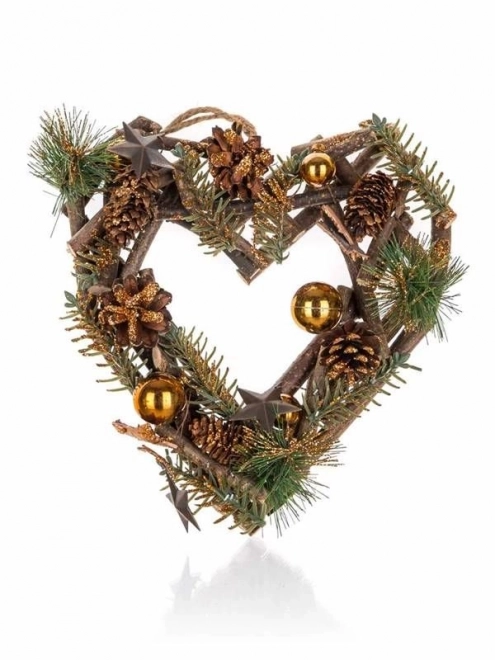 Couronne de Noël Cœur à suspendre 24 cm, couleur marron et or
