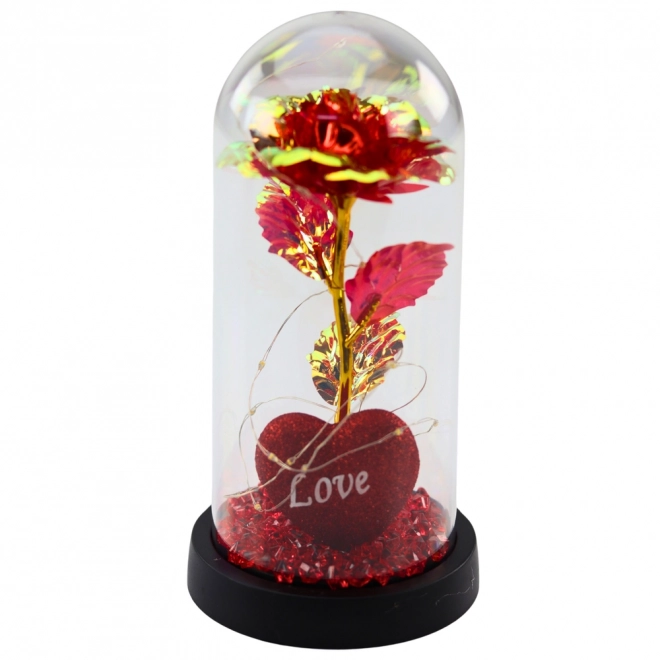 Rose éternelle sous cloche avec éclairage LED, cœur et perles rouges 21x11cm
