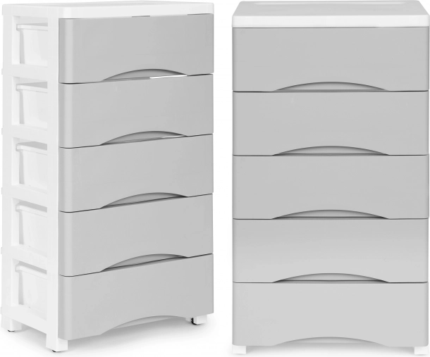 étagère à tiroirs sur roulettes avec 5 tiroirs ModernHome, plastique gris/blanc