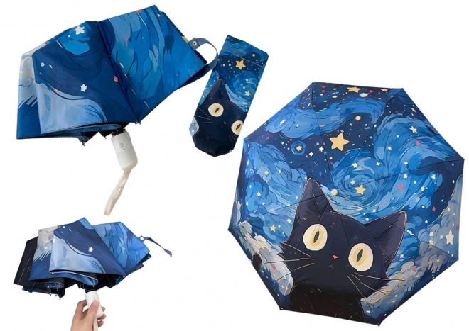 Parapluie pliant automatique bleu avec motif de chat