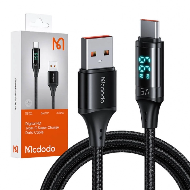 Câble USB vers USB-C Mcdodo CA-1080 avec affichage, 66W, 6A, 1,2 m (noir)