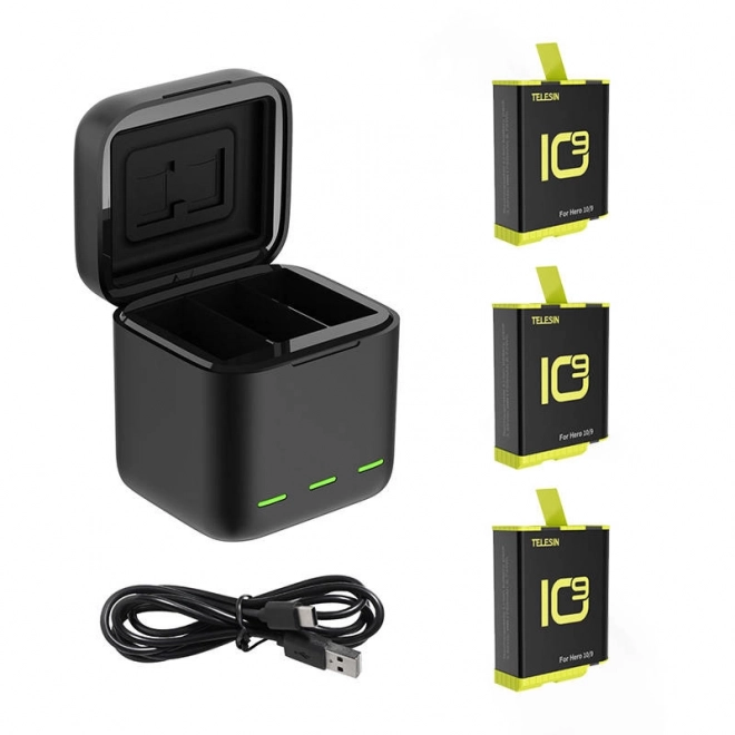 Chargeur Telesin à trois canaux avec 3 batteries pour GoPro Hero 12/11/10/9