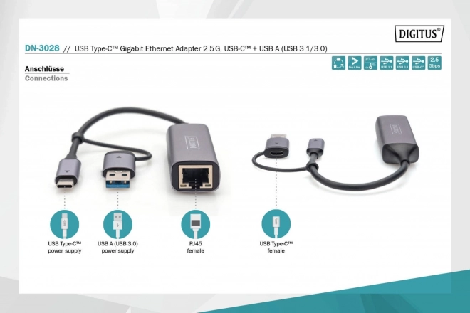 Adaptateur Digitus USB-C à USB-A vers RJ45 2,5 Gigabit Ethernet