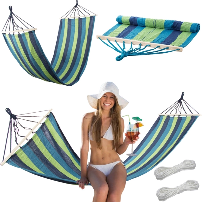 Hamac de jardin avec barres d’écartement en bois 200 × 80 cm, rayures bleu‑vert