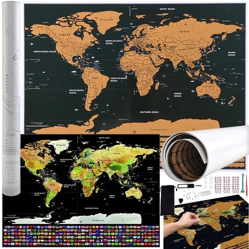 Carte du monde à gratter avec drapeaux et accessoires