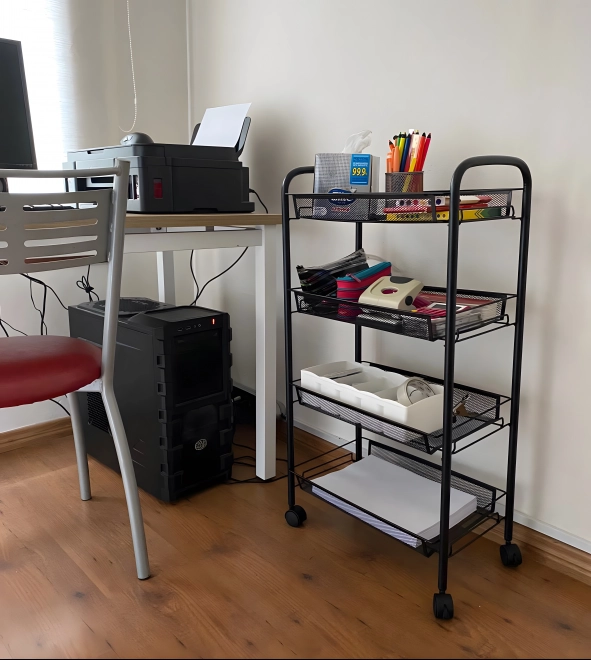 étagère de salle de bain mobile en métal noir avec 4 étagères et roulettes