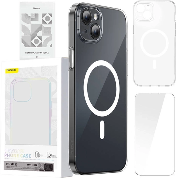 Baseus Magnetic Crystal Clear - coque pour iPhone 13 avec verre trempé et kit de nettoyage