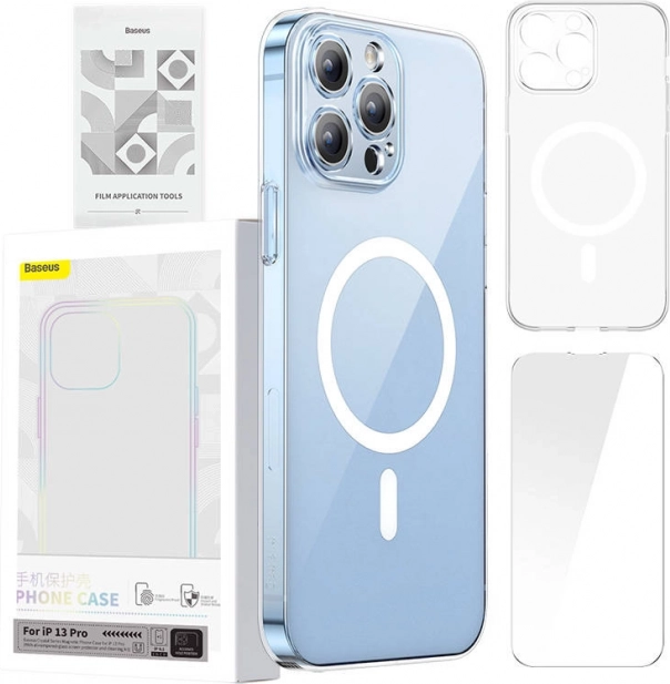 Baseus Magnetic Crystal Clear coque avec MagSafe pour iPhone 13 Pro + verre trempé et kit de nettoyage