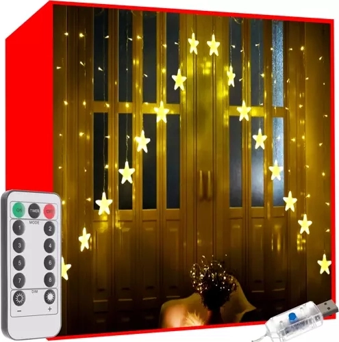 Rideau lumineux LED étoiles 136 LED blanc chaud avec télécommande