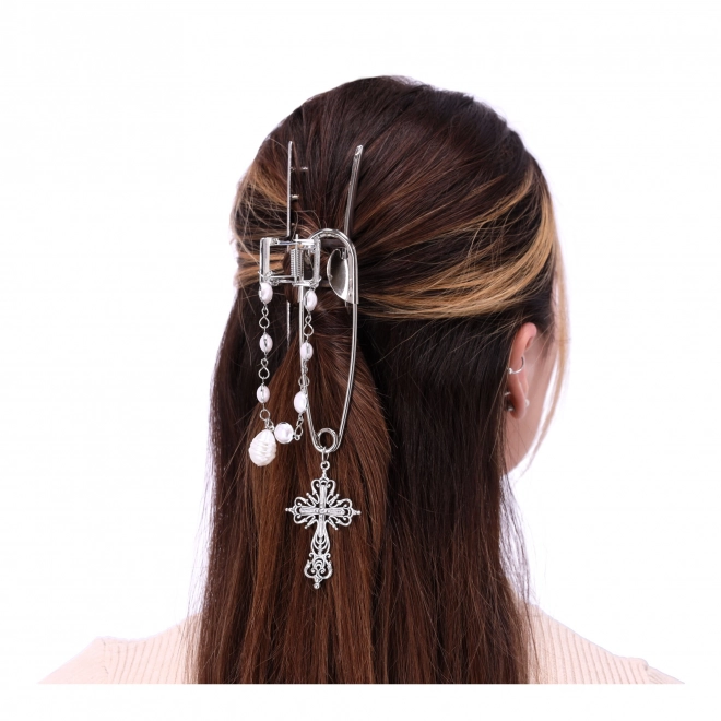 Broche décorative pour cheveux, pince à cheveux - argentée, avec épingle de sûreté