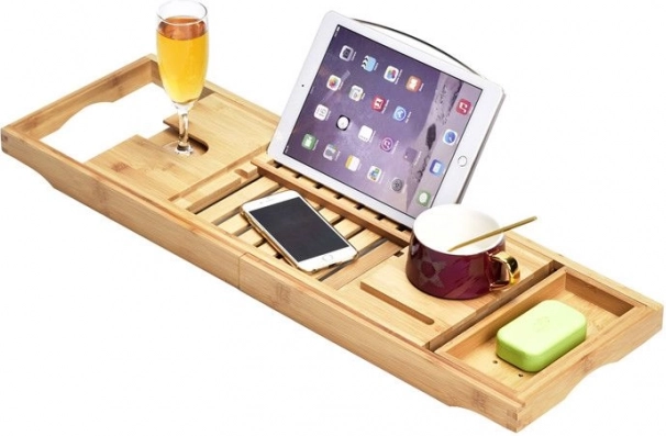 Étagère de baignoire en bambou réglable avec support pour tablette et verre
