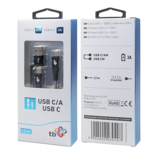 Câble 2en1 : USB-C et USB A avec longueur de 1,2 m