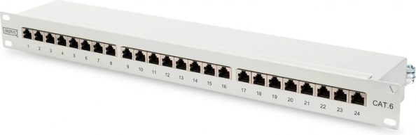 Panneau de brassage 19" 24 ports cat.6 avec support de câbles, gris