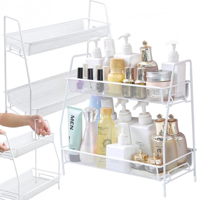 Organiseur métallique à deux niveaux pour épices et cosmétiques – blanc