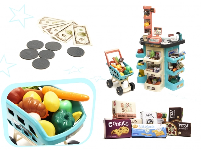 Supermarché pour enfants avec caisse enregistreuse et chariot menthe